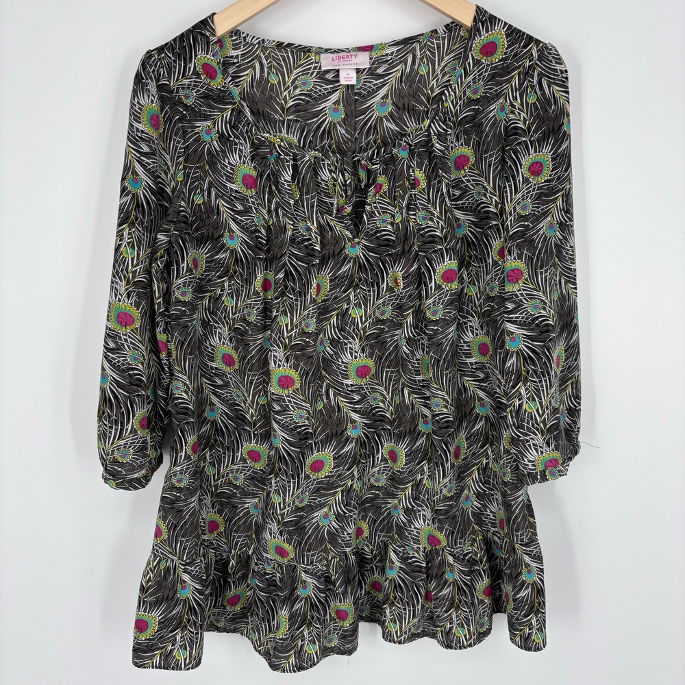 Liberty of London for Target Peacock Print Ruffle Hem Blouse Womens M Brown Pink